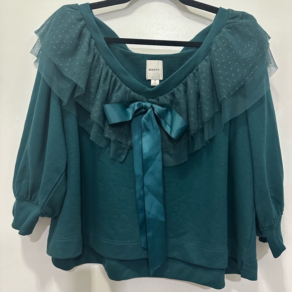 Anthropologie Maeve Teal Ruffle Bow Crop Sweater Sz M - Picture 4 of 7